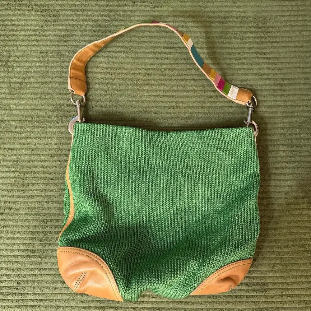 The Sak Pink Label Green Woven Shoulder Bag Rainbow Strap Y2K Kidcore